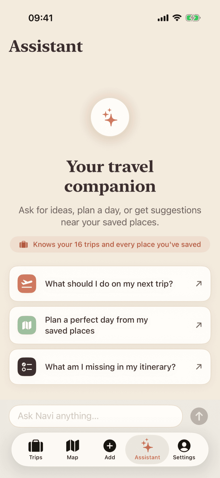 Navi assistant screen — your travel companion with suggested prompts