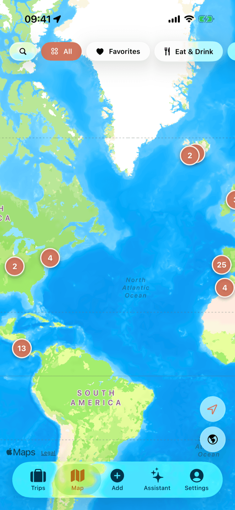 Navi map screen showing saved places clustered across the world