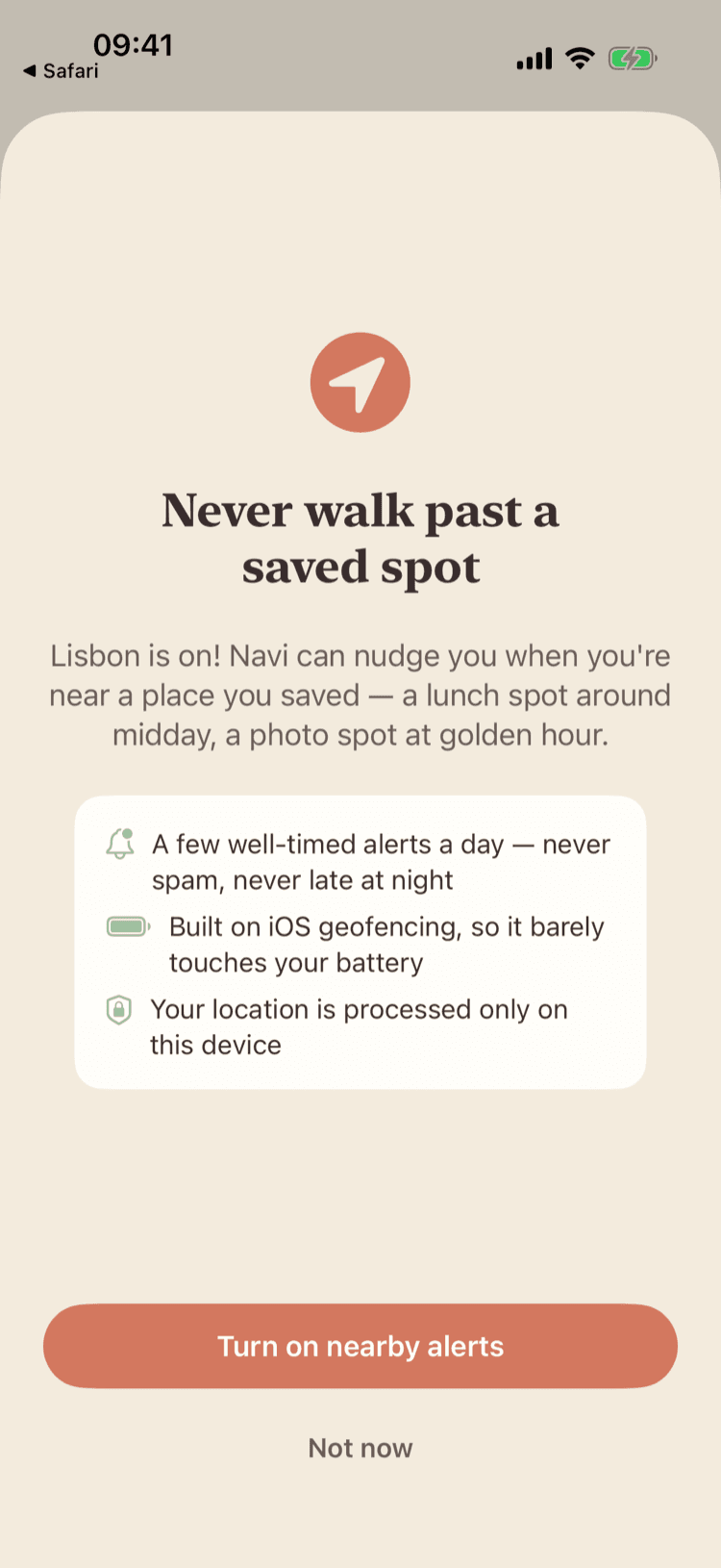 Navi nearby alerts — never walk past a saved spot; location processed only on this device