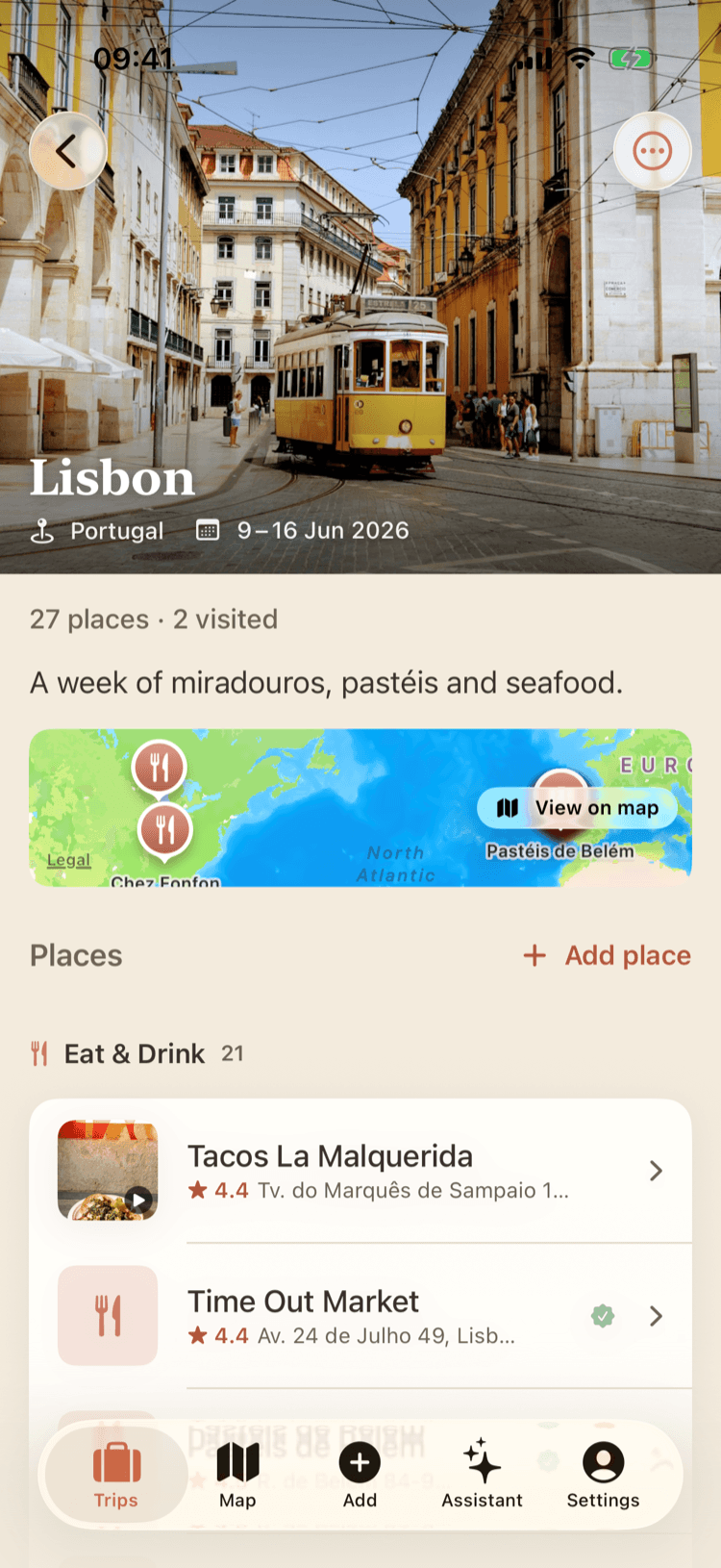 Navi trip screen for Lisbon with a week of miradouros, pastéis and seafood